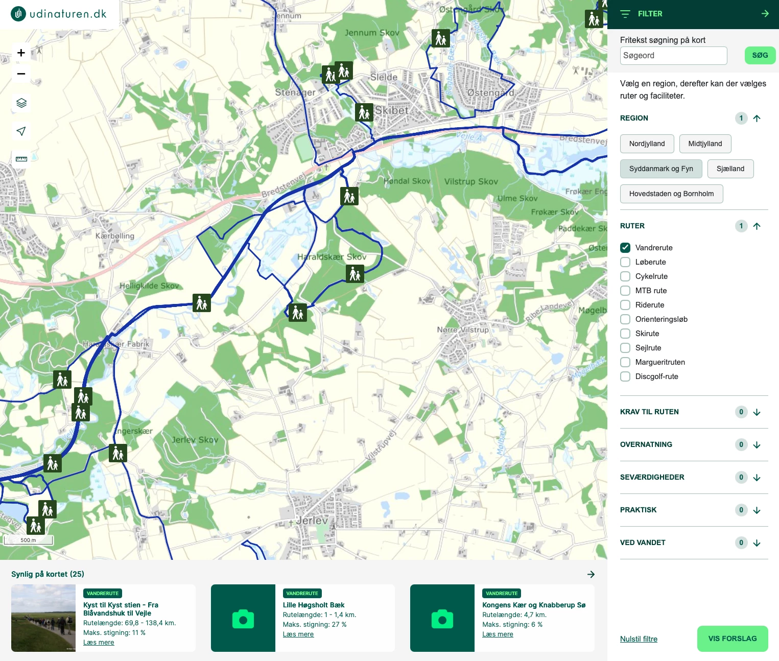 Kortvisningssiden hvor du vælger området og ruten som interesserer dig